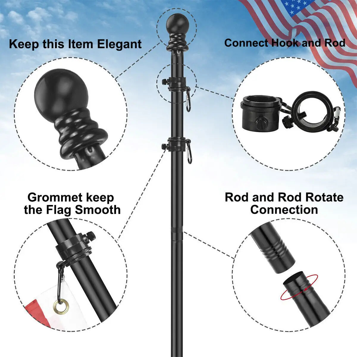 Flag Pole for Outside House, 6ft Residential or Commercial Flag Pole Kit